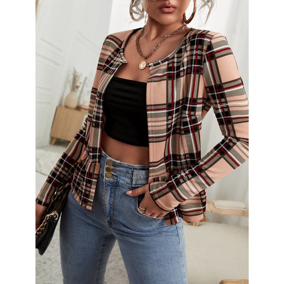 BohoGypsyDreamer.com Jackets & Blazers - Plaid Print Open Front collarless blazer Jacket tan